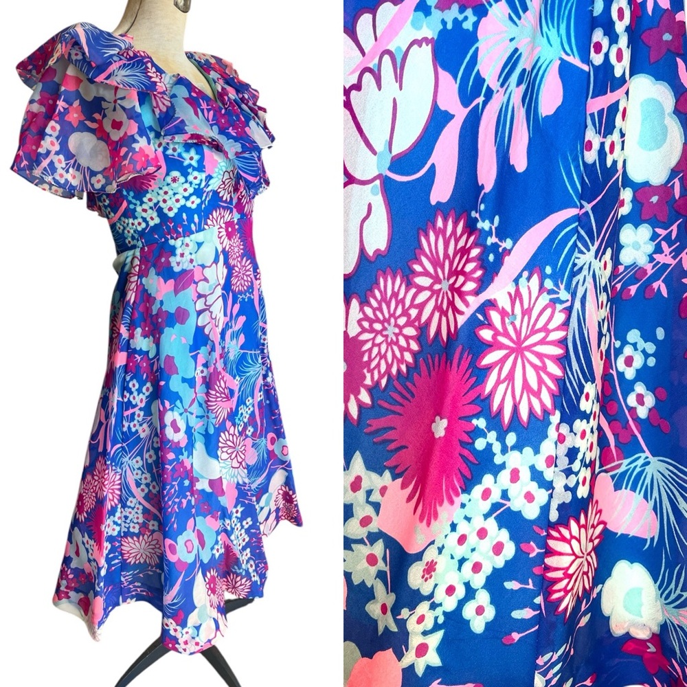 Vintage 60s Vibrant Chiffon Floral Ruffle Midi Dress